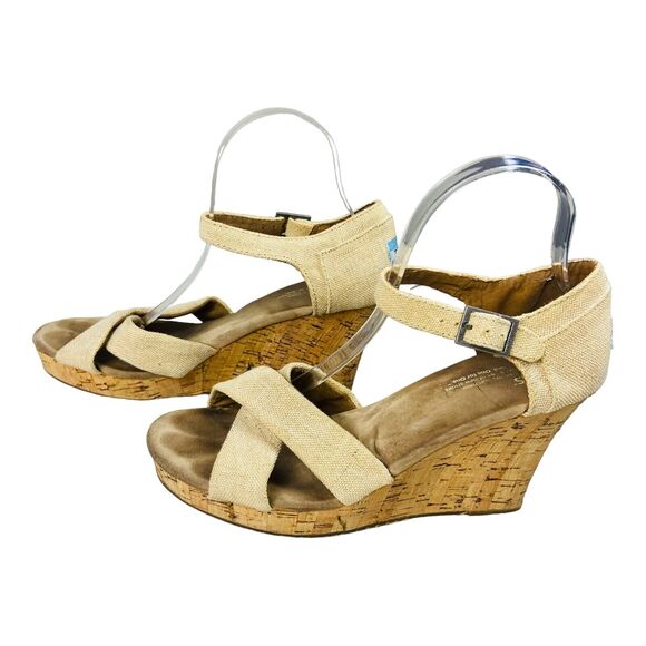 Toms Women's Tan High Heel Canvas Open Toe Cork Wedge Sandals W10 - Picture 4 of 10